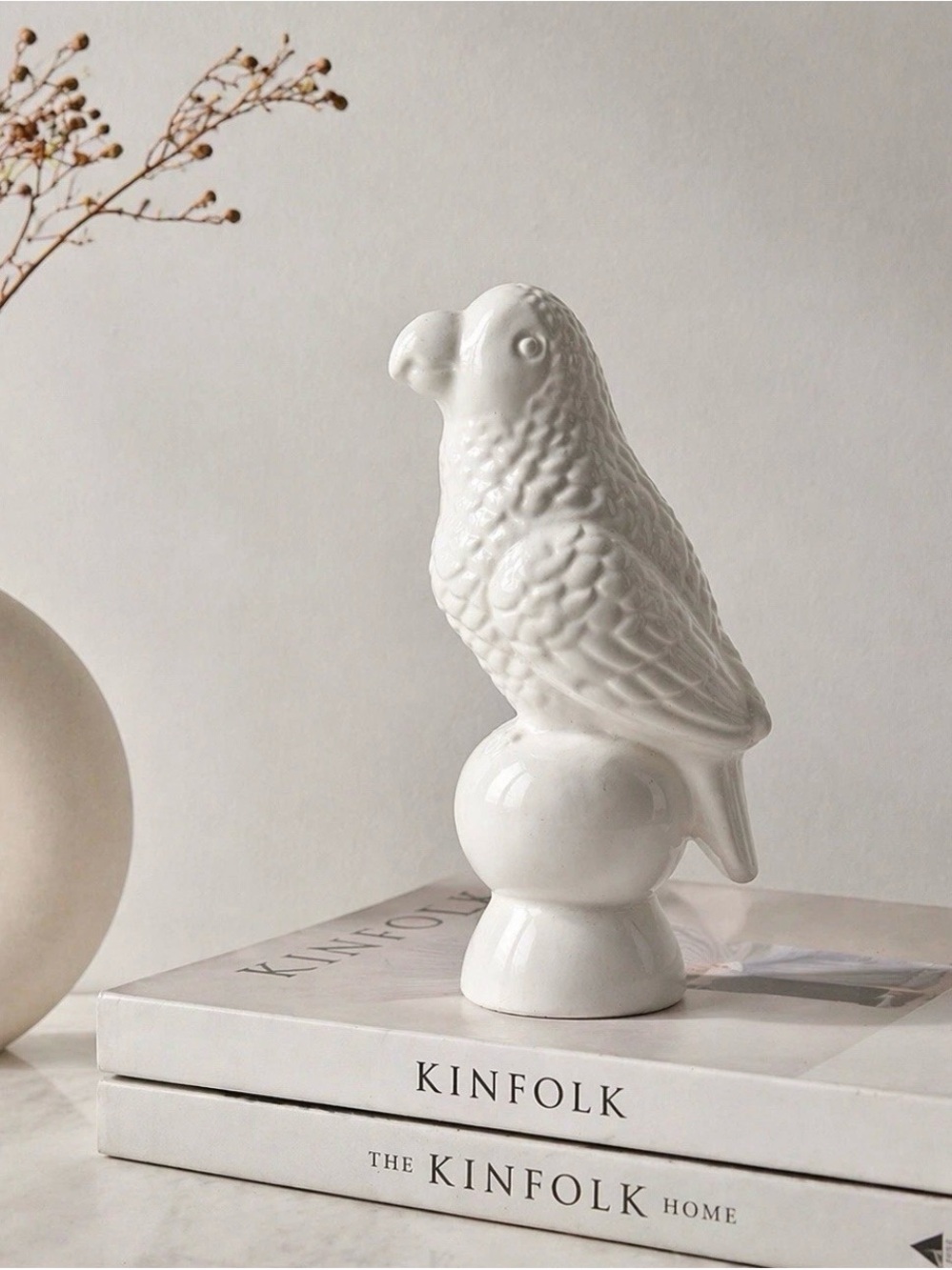 White Ceramic Parrot Figurine Glossy Bird Decor Minimalist Sculpture